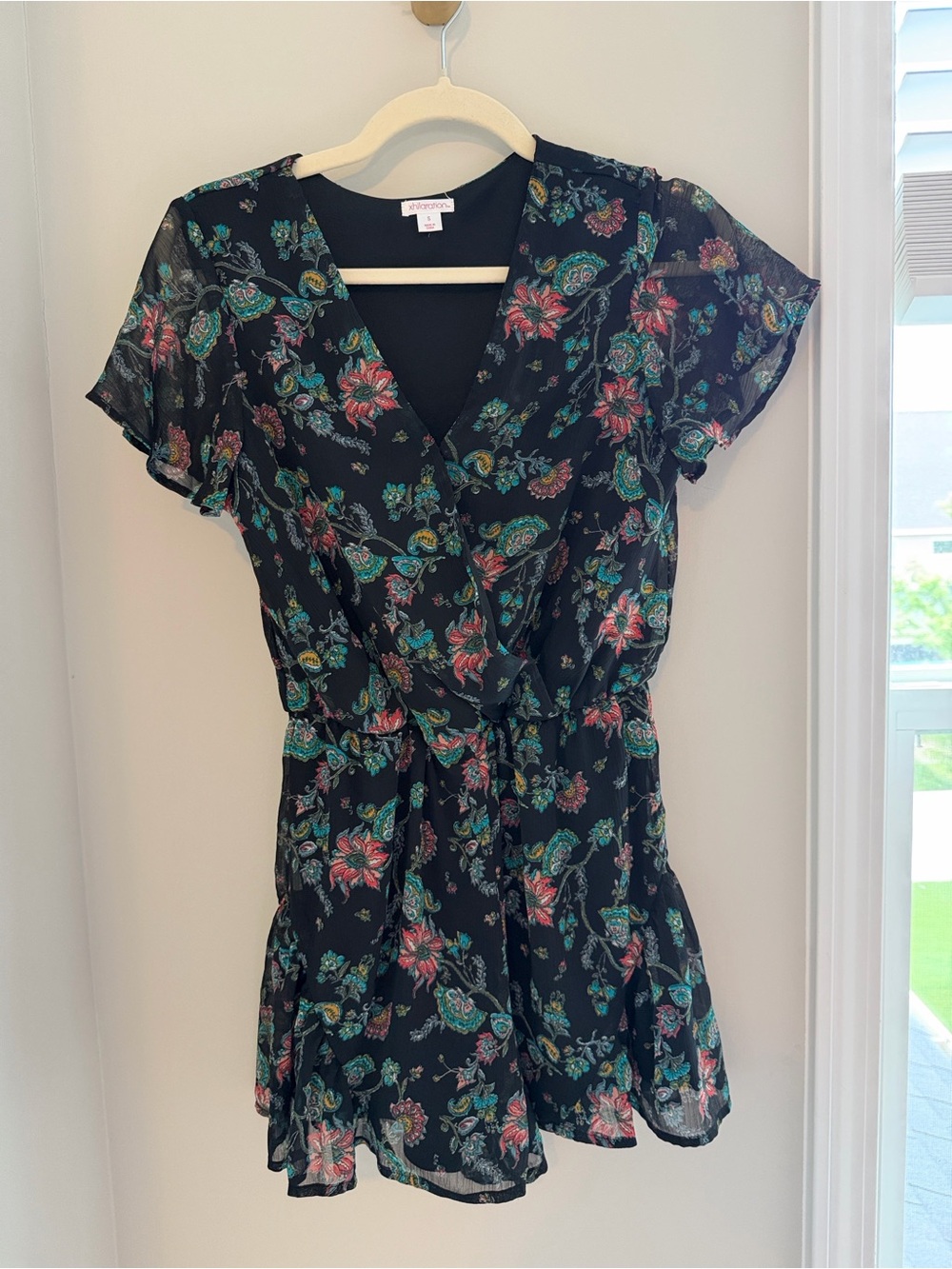 Xhilaration Black Floral Romper with Pink & Green Accents